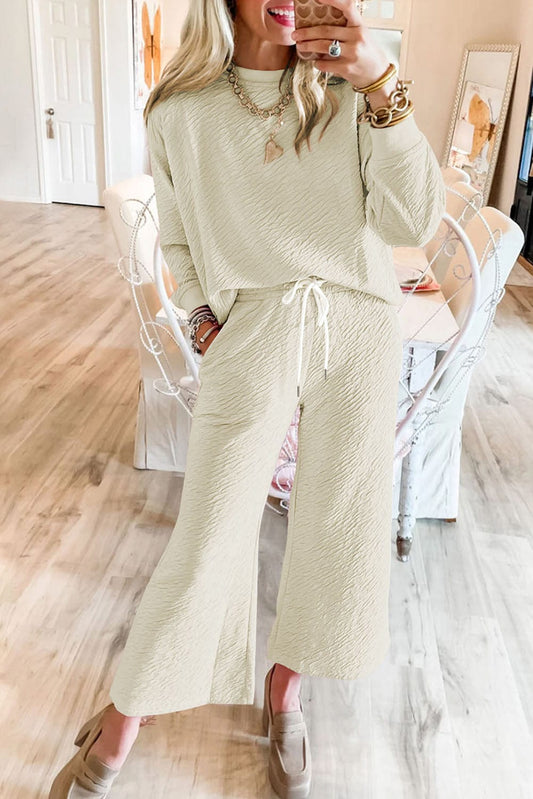 Alpha C White Solid Color Textured Long Sleeve Top and Pants Set Two Piece Pants Sets Alpha C Apparel White / S