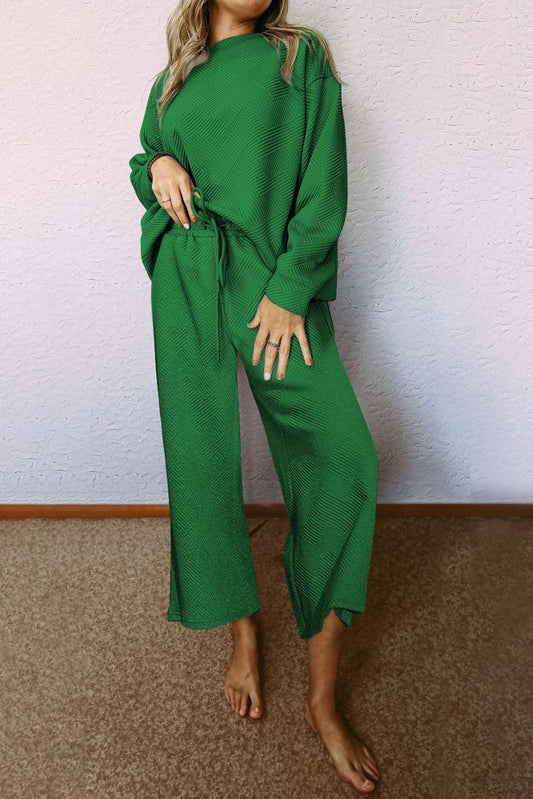 Dark Green Ultra Loose Textured 2pcs Slouchy Outfit Two Piece Sets Alpha C Apparel Dark Green / S / 95%Polyester+5%Elastane