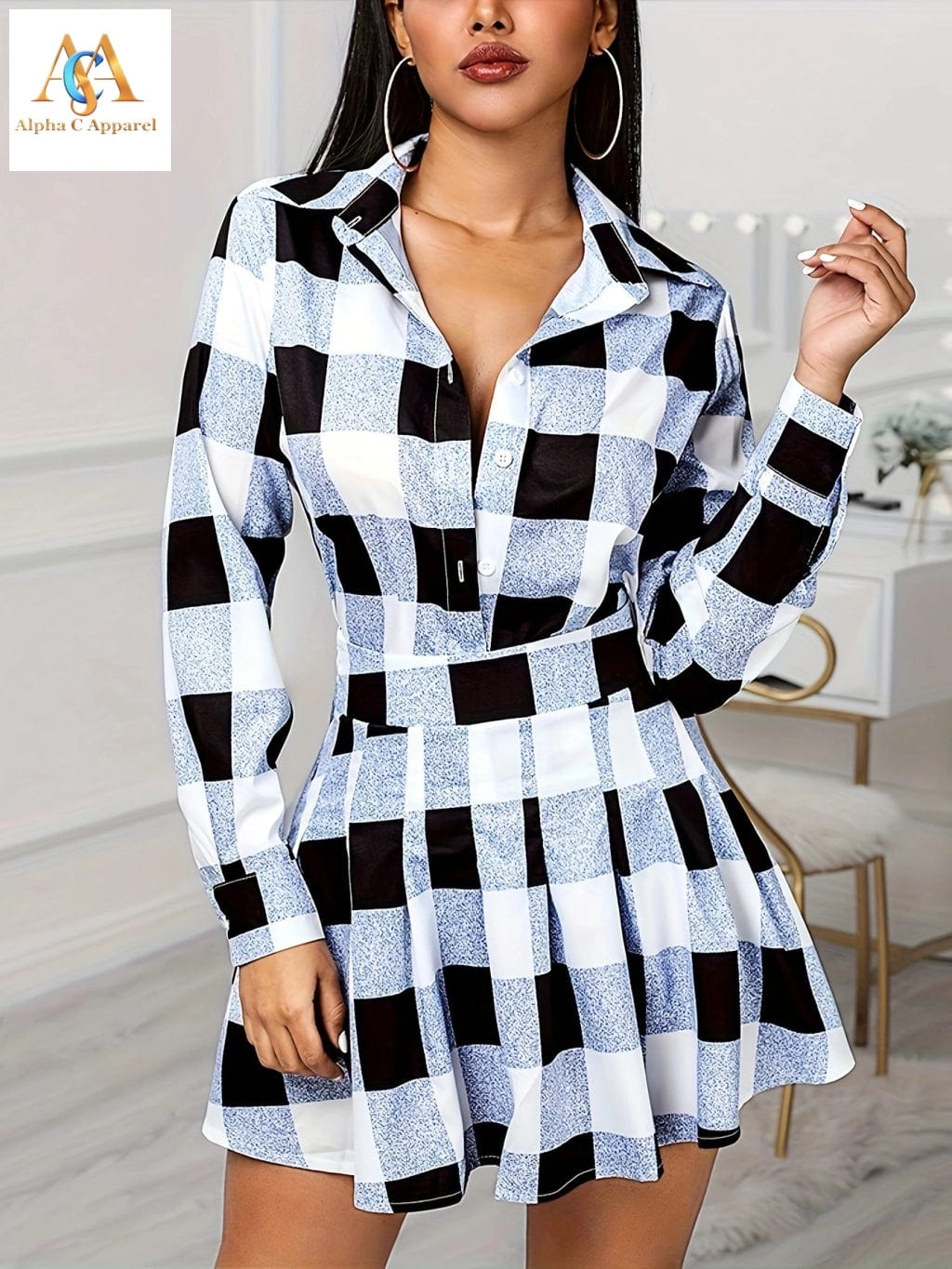 Alpha C Apparel Stylish Plaid Two-Piece Set Button Up Shirt & Pleated Skirt Outfits for Women women clothing Alpha C Apparel