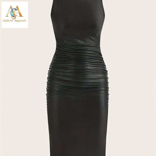 Alpha C Apparel Women High Elasticity Stunning Leather Dress women clothing Alpha C Apparel S(4) / Black