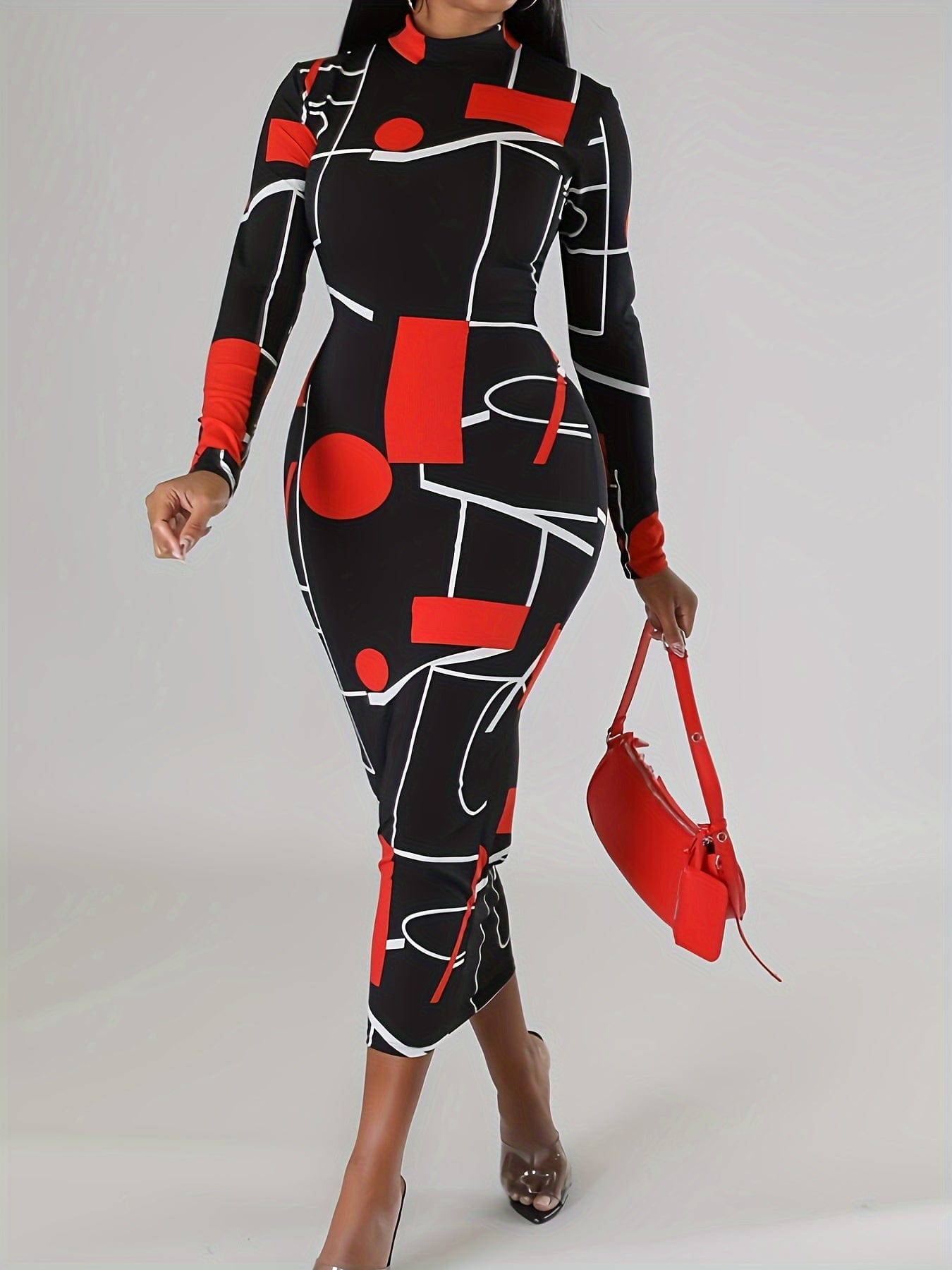 Alpha C Apparel Elegant Geo Print Bodycon Dress - Spring/Fall Women's Clothing women pencil dress Alpha C Apparel