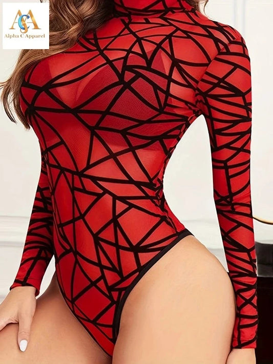 Alpha C Apparel Sexy Red Spider Web Mesh Bodysuit for Women - High Neck, Long Sleeve, See Through Lingerie & Underwear by Alpha C Apparel Alpha C Apparel XS(2) / Red