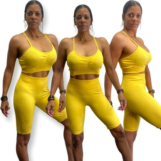 Alpha C Apparel Women 2 Piece Seamless  Leggings Crop Top Yoga Set yoga set Alpha C Apparel Yellow / M