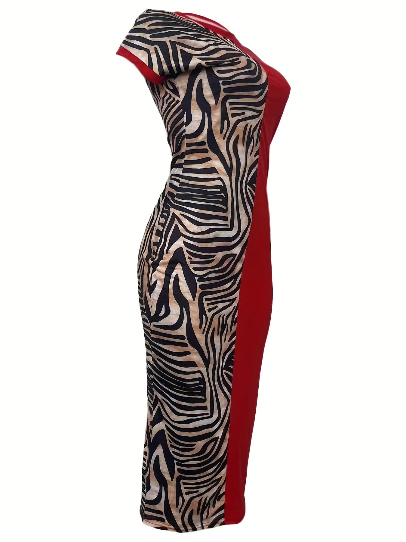 Zebra Striped Patchwork Bodycon Dress, Elegant Crew Neck Short Sleeve Dress, Women's Clothing Alpha C Apparel