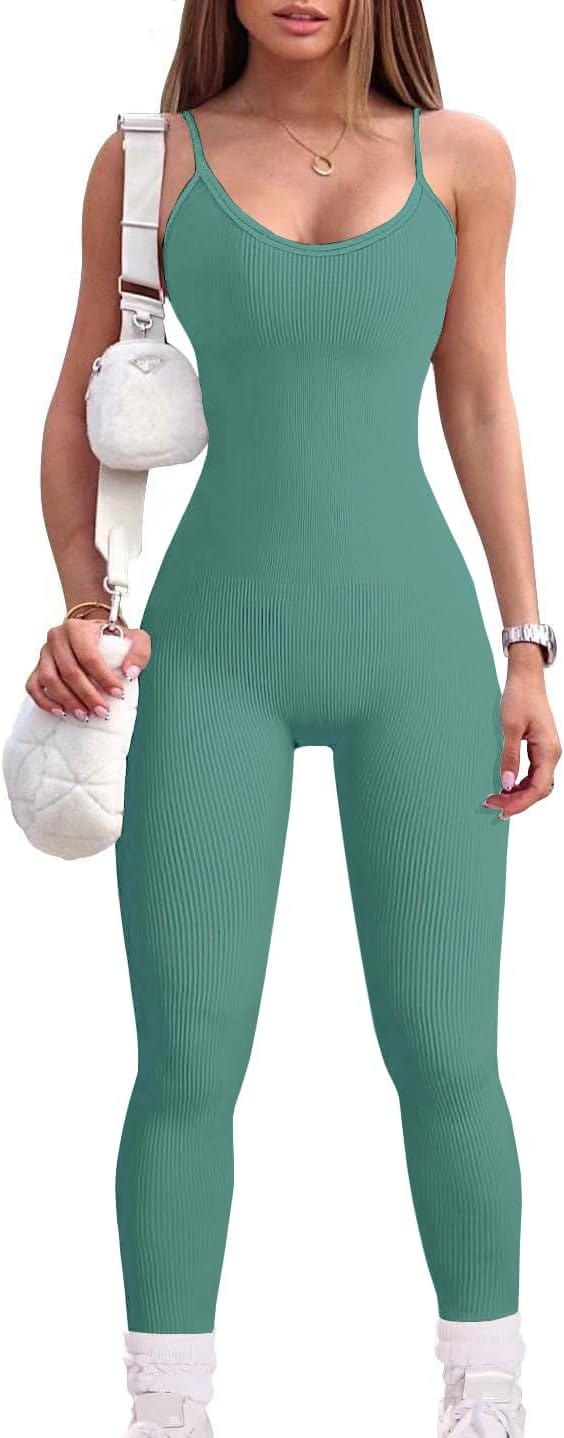 YIOIOIO Women Workout Seamless Jumpsuit Yoga Ribbed Bodycon One Piece Spaghetti Strap Leggings Romper   ] Back to results Amazon Small / 04blue