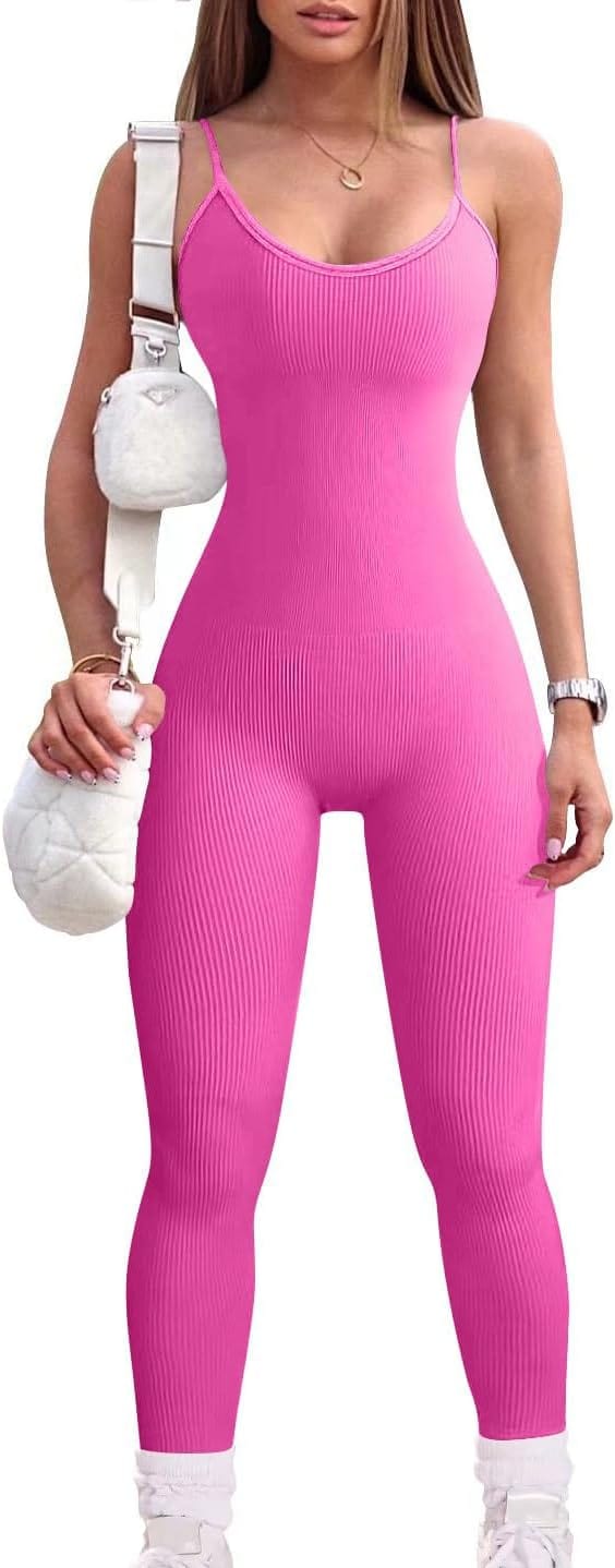 YIOIOIO Women Workout Seamless Jumpsuit Yoga Ribbed Bodycon One Piece Spaghetti Strap Leggings Romper   ] Back to results Amazon Small / Rose