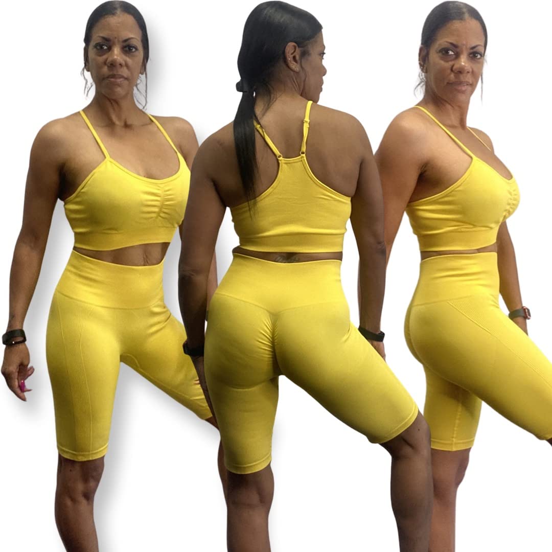 Two Piece Yoga Set Scrunch Butt Sports Bra Yellow yoga set Women Amazon