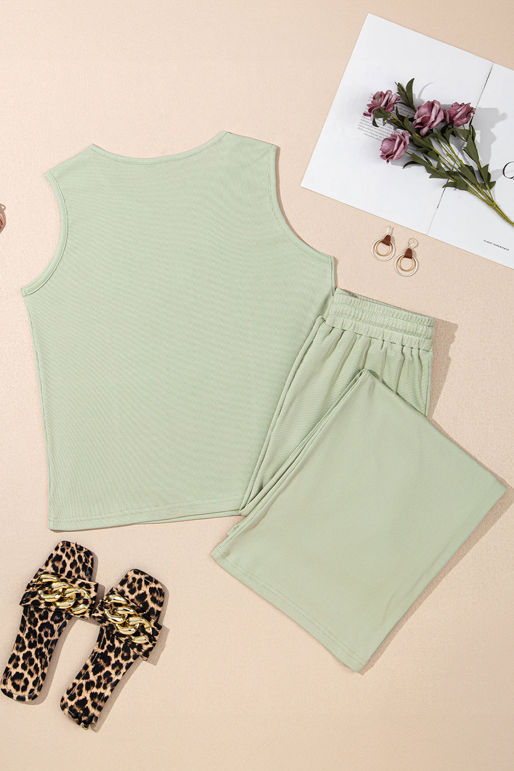Smoke Green Textured Tank Top and Drawstring High Waist Pants Set