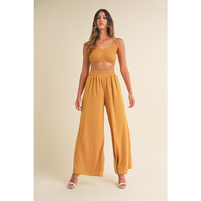 MABLE Smocked Bralette Crop Top and Wide Leg Pants Set