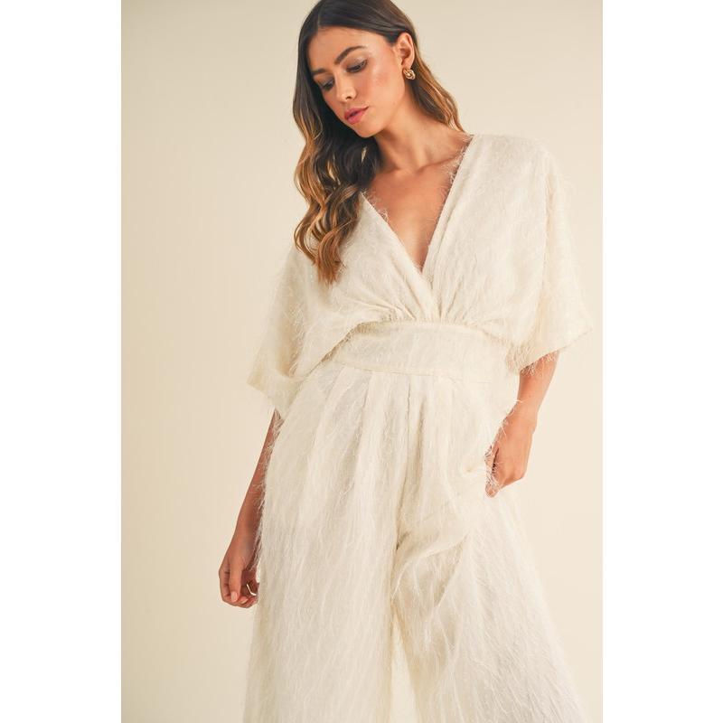 MABLE Fluffy Deep V Neck Wide Leg Jumpsuit