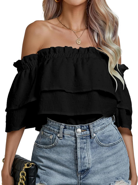 Women's Ruffle Trim Top Off Shoulder Layered