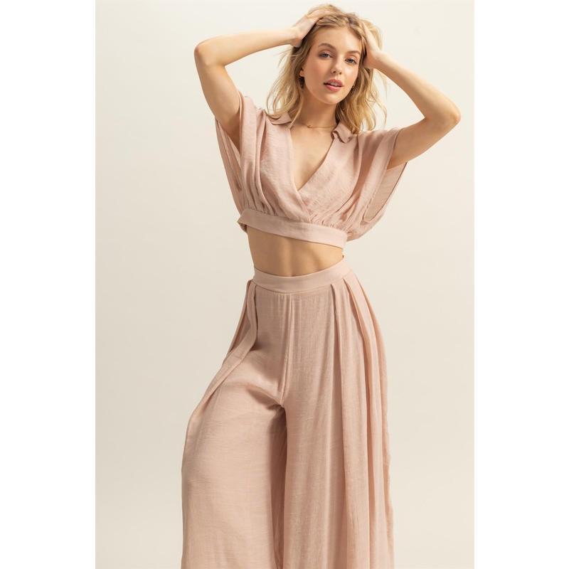 HYFVE Women's Blush Pink Kimono Sleeve Crop Top & Wide Leg Pants Set - Long, Loose-fitting, High Waist, 100% Viscose, Machine Washable - Womenswear, Clothes