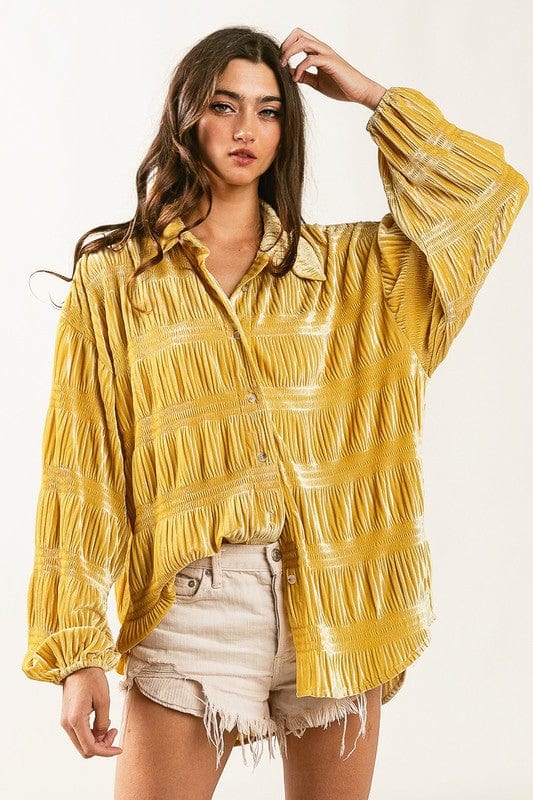 Wrinkle Effect Tiered Shirring Velvet Shirt BiBi MUSTARD / S