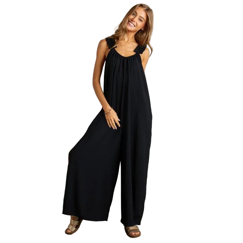 ADORA Full Size Elastic Ruffle Shoulder Jumpsuit Plus Size