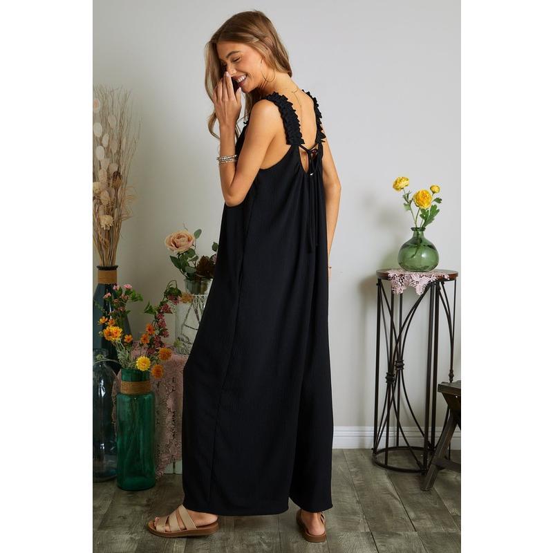 ADORA Full Size Elastic Ruffle Shoulder Jumpsuit Plus Size