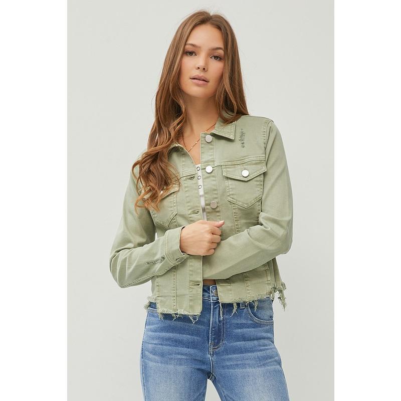 RISEN Full Size Raw Hem Button Up Cropped Denim Jacket Plus Size