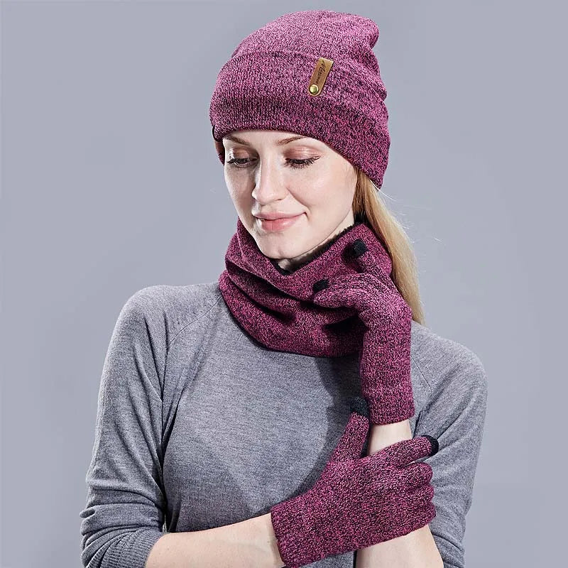 Winter Hat Scarf Gloves Set Women Thick Glove Beanies Ring Scarf  Girls Gift