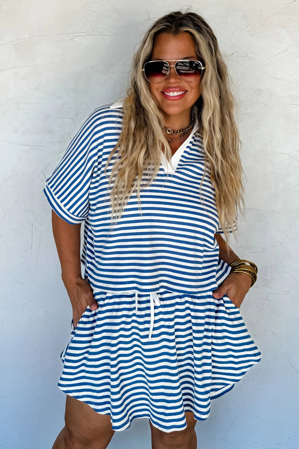 Blue Stripe Short Sleeve Collared V Neck Top Plus Size Short Set