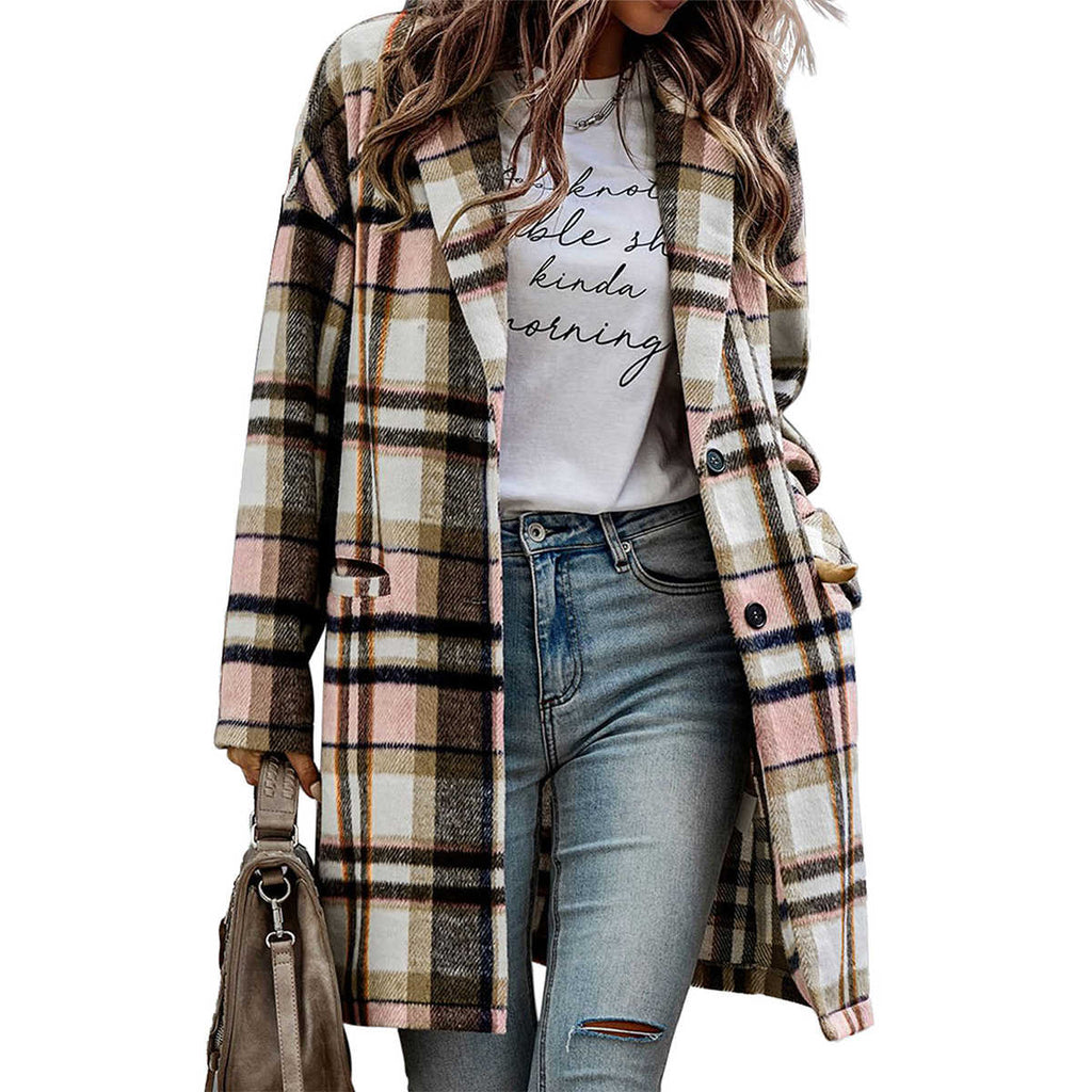 Pink Plaid Button Up Lapel Jacket