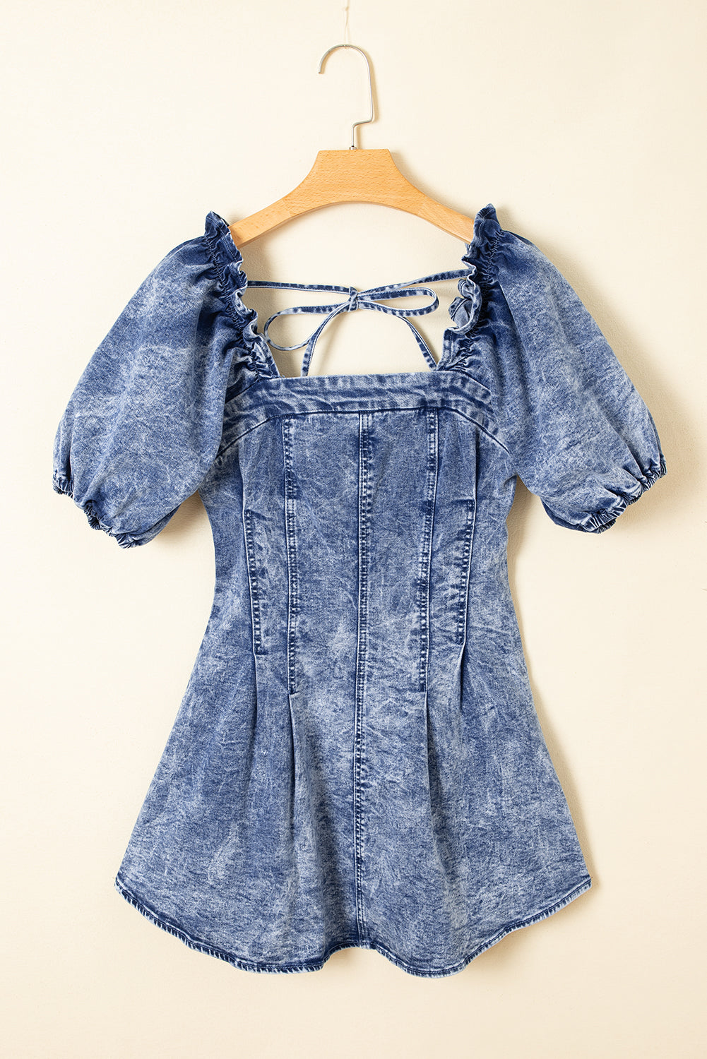 Blue Frilly Square Neck Bustier Puff Sleeve Short Denim Dress
