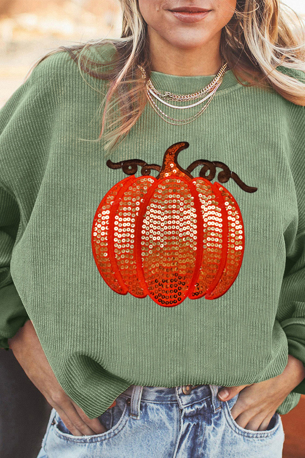 Apricot Crinkle Ribbed Halloween Sequin Pumpkin Graphic Sweatshirt