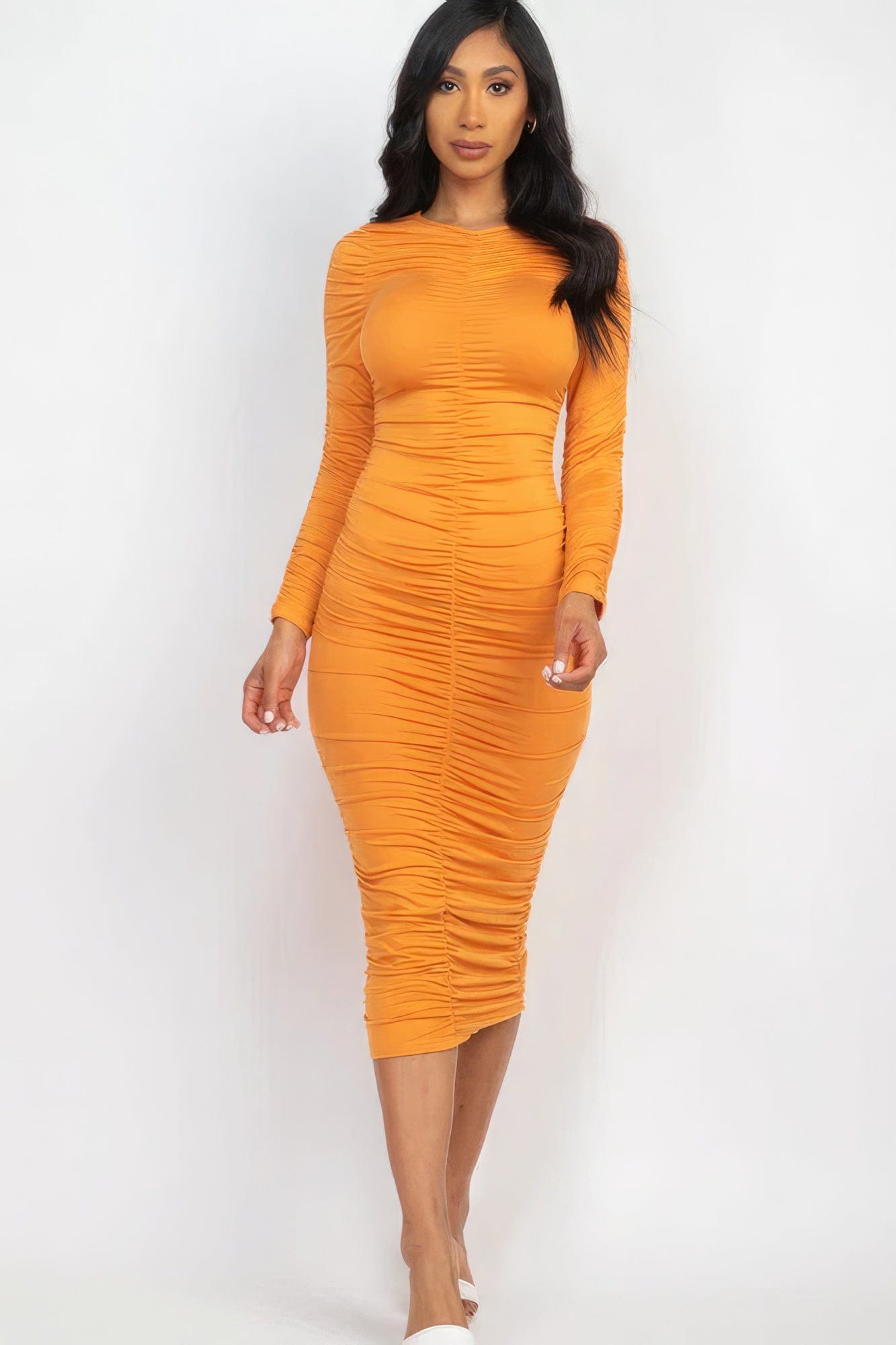 Ruched Long Sleeve Midi Dress CCWHOLESALECLOTHING