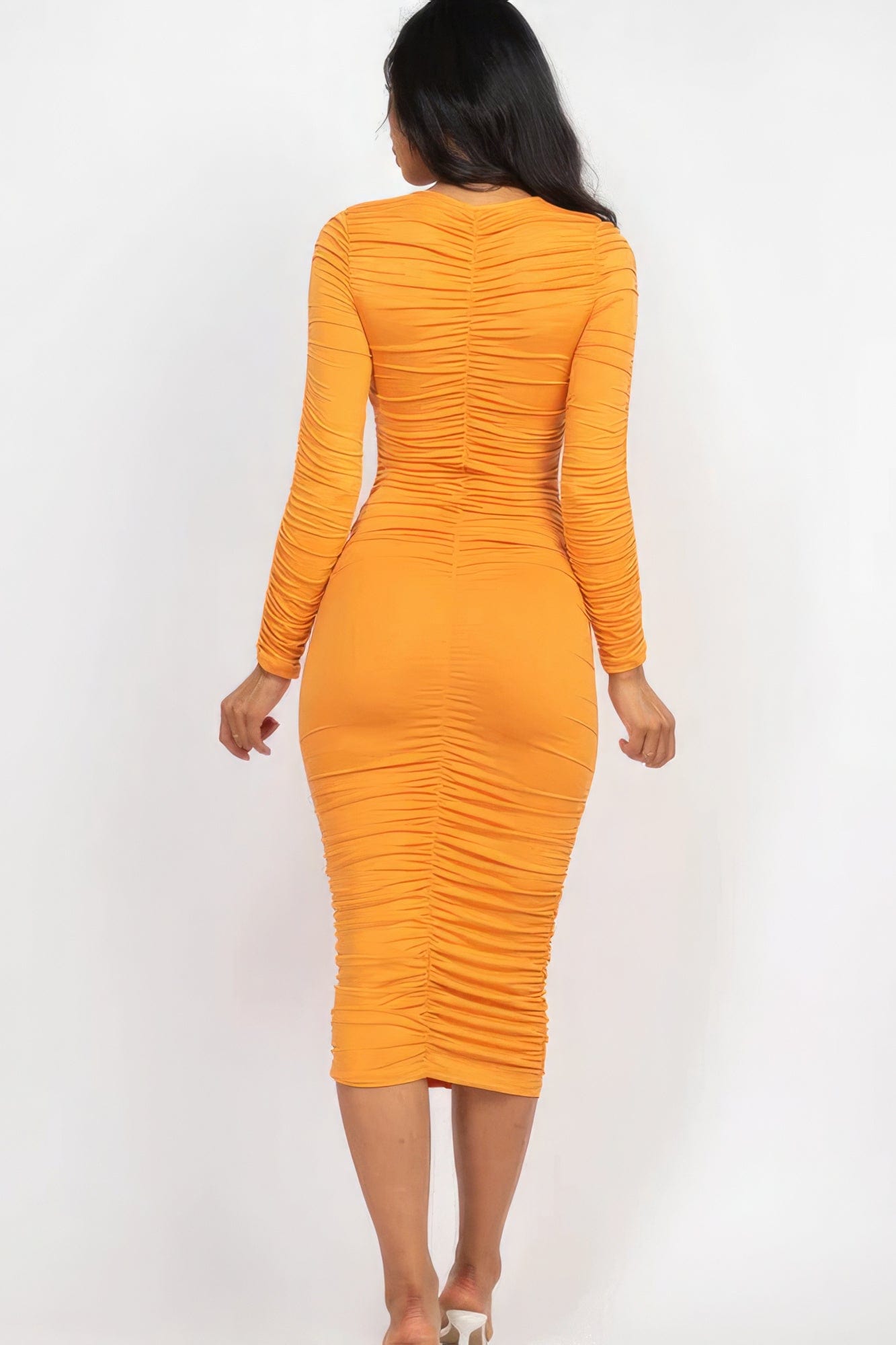 Ruched Long Sleeve Midi Dress CCWHOLESALECLOTHING