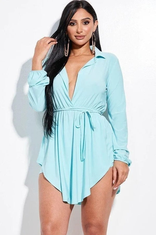 Solid Collared Long Sleeve Shirt With Waist Tie And Short Two Piece Set CCWHOLESALECLOTHING