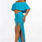 Solid Ity Off The Shoulder Ruffled Cropped Top And Ruched Maxi Skirt Two Piece Set CCWHOLESALECLOTHING