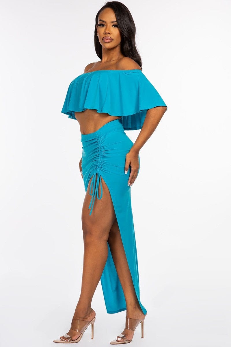 Solid Ity Off The Shoulder Ruffled Cropped Top And Ruched Maxi Skirt Two Piece Set CCWHOLESALECLOTHING