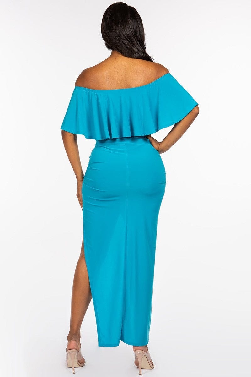 Solid Ity Off The Shoulder Ruffled Cropped Top And Ruched Maxi Skirt Two Piece Set CCWHOLESALECLOTHING