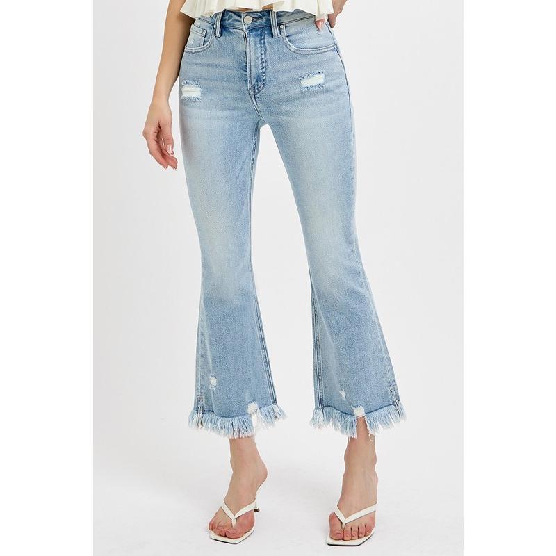 RISEN Full Size Raw Hem Distressed Cropped Flare Jeans Plus Size