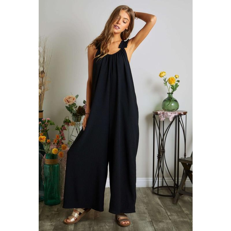 ADORA Plus Size Elastic Ruffle Shoulder Jumpsuit