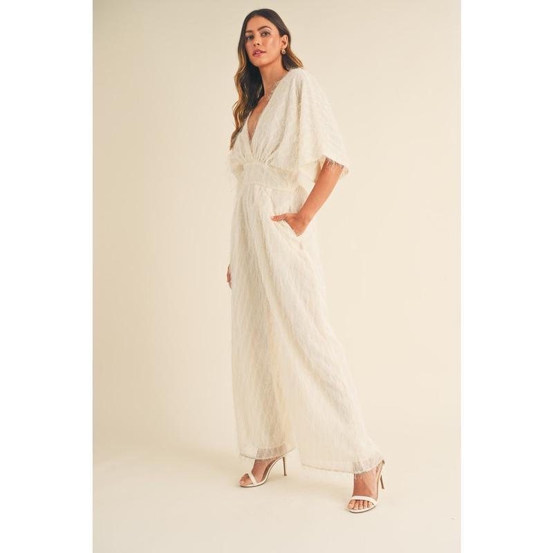 MABLE Fluffy Deep V Neck Wide Leg Jumpsuit