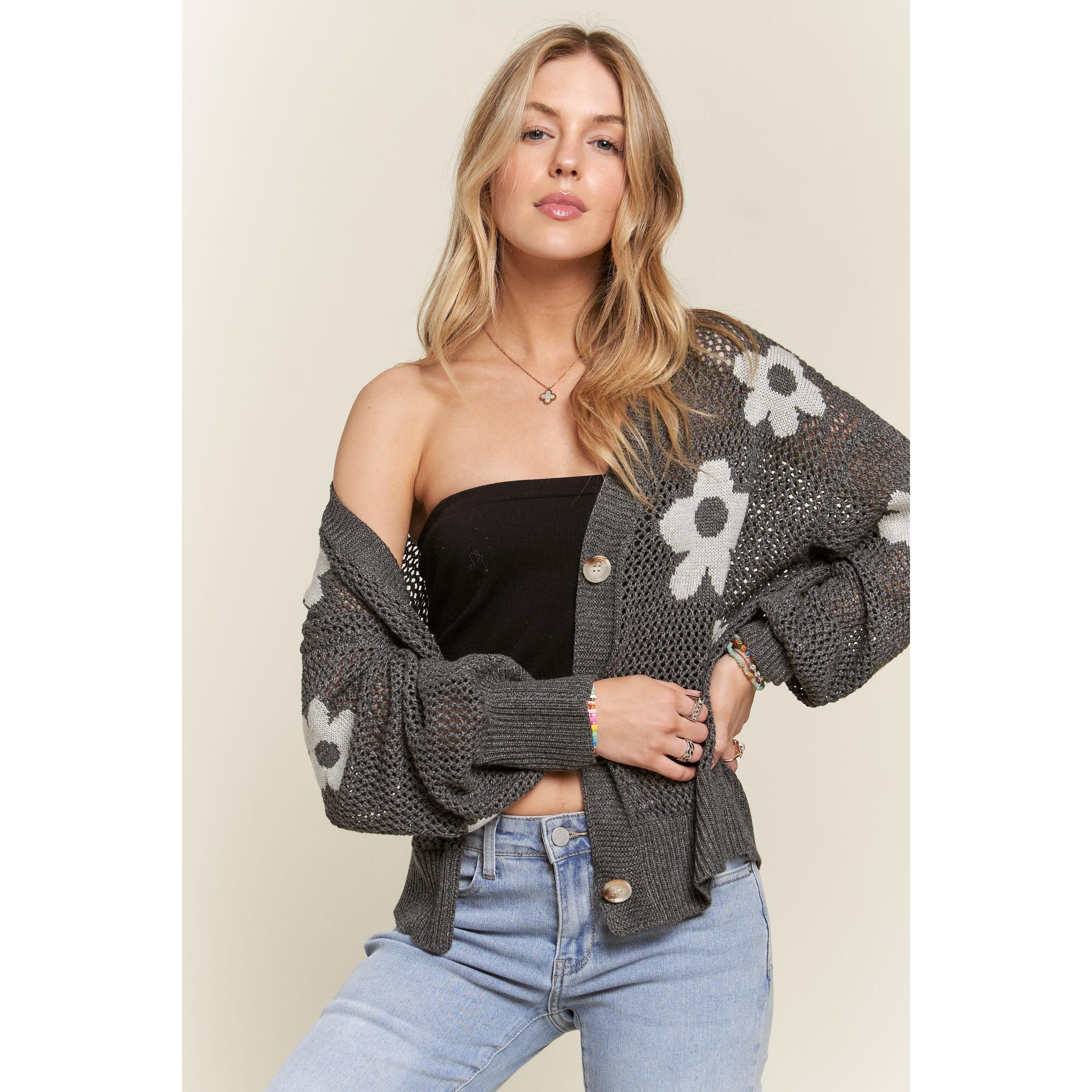 Alpha Plus Size Lightweight Floral Sweater Cardigan