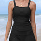 Black Ruched Square Neck Adjustable Strap Tankini Swimsuit