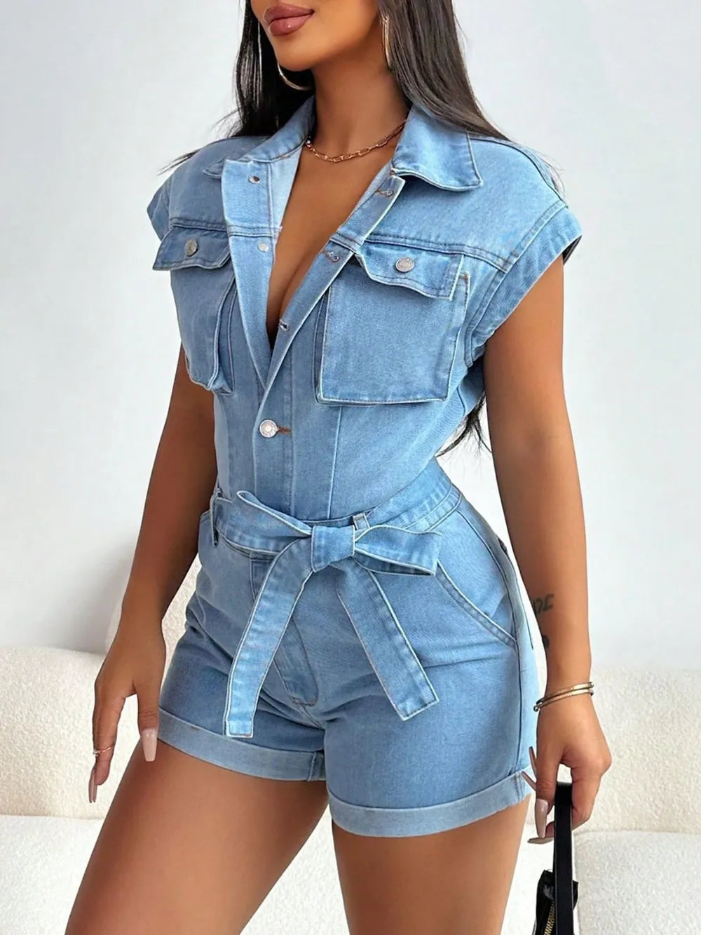 Tie Waist Cap Sleeve Denim Romper