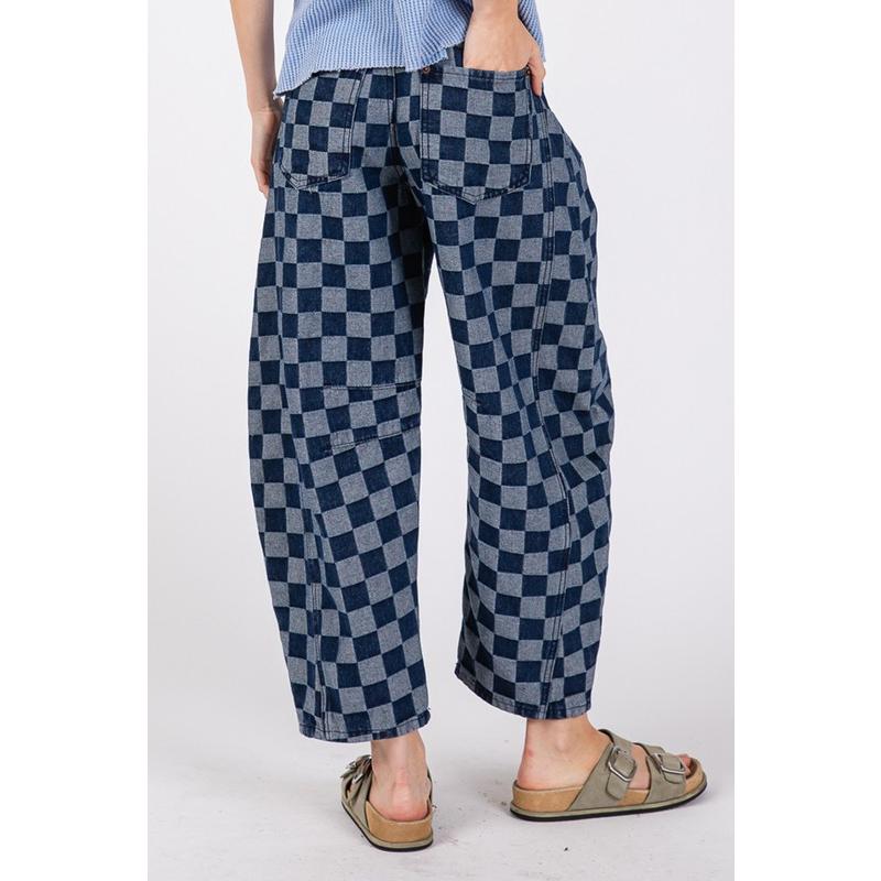 SAGE+FIG Barrel Style Leg Checkered Print Jeans