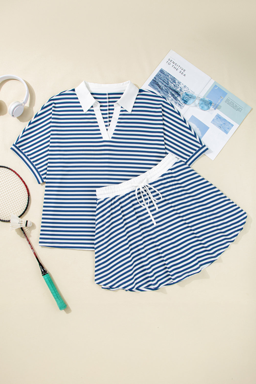 Blue Stripe Short Sleeve Collared V Neck Top Plus Size Short Set