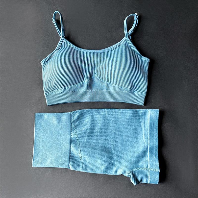 Alpha C Apparel Women Seamless 2 Piece Yoga Set Women Gym Clothes Sports Bra+Shorts Set dsers Blue set / M