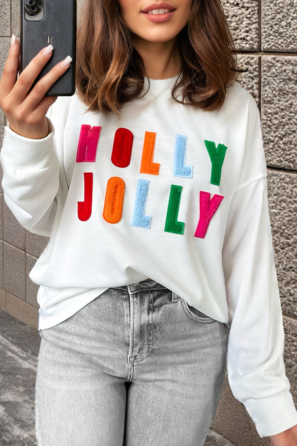 White Chenille Holly Jolly Graphic Long Sleeve Top