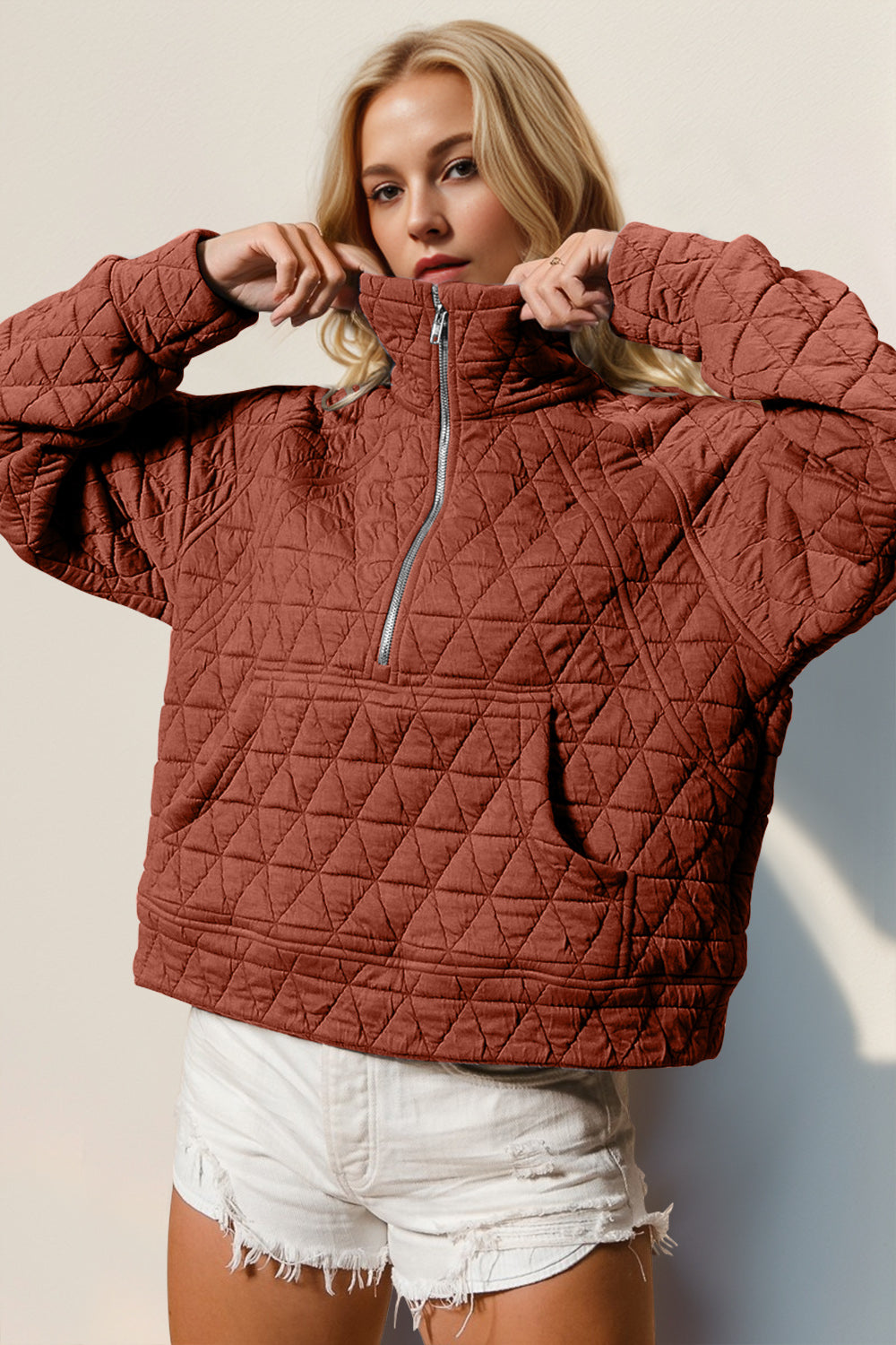 Double Take Half Zip Long Sleeve Quilted Sweatshirt with Pocket