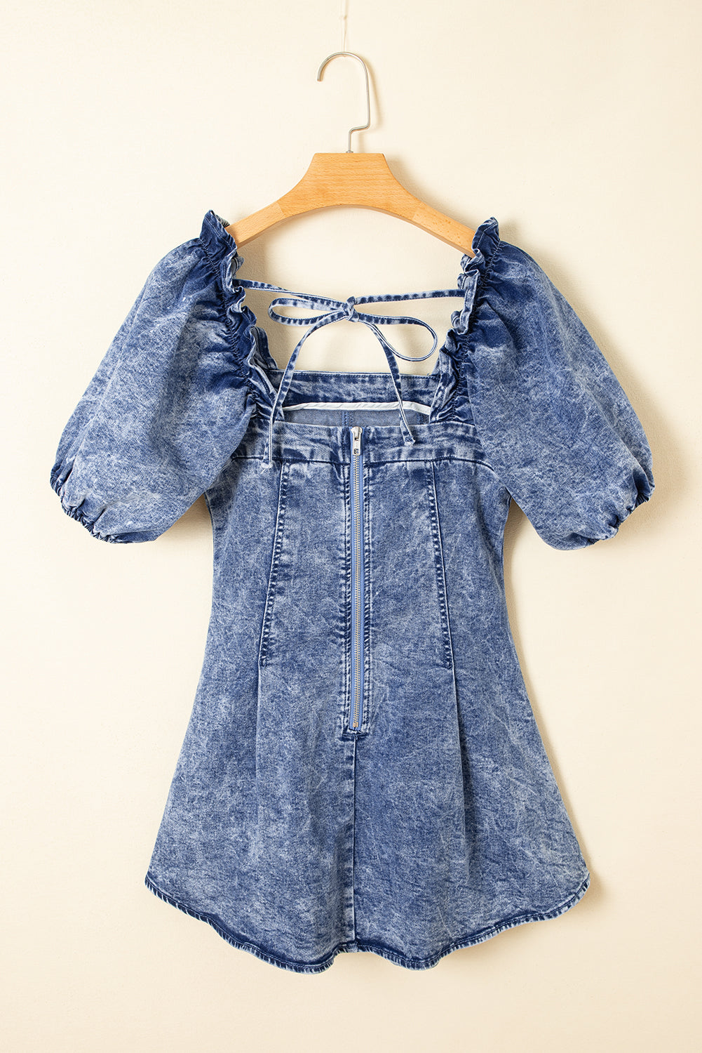 Blue Frilly Square Neck Bustier Puff Sleeve Short Denim Dress
