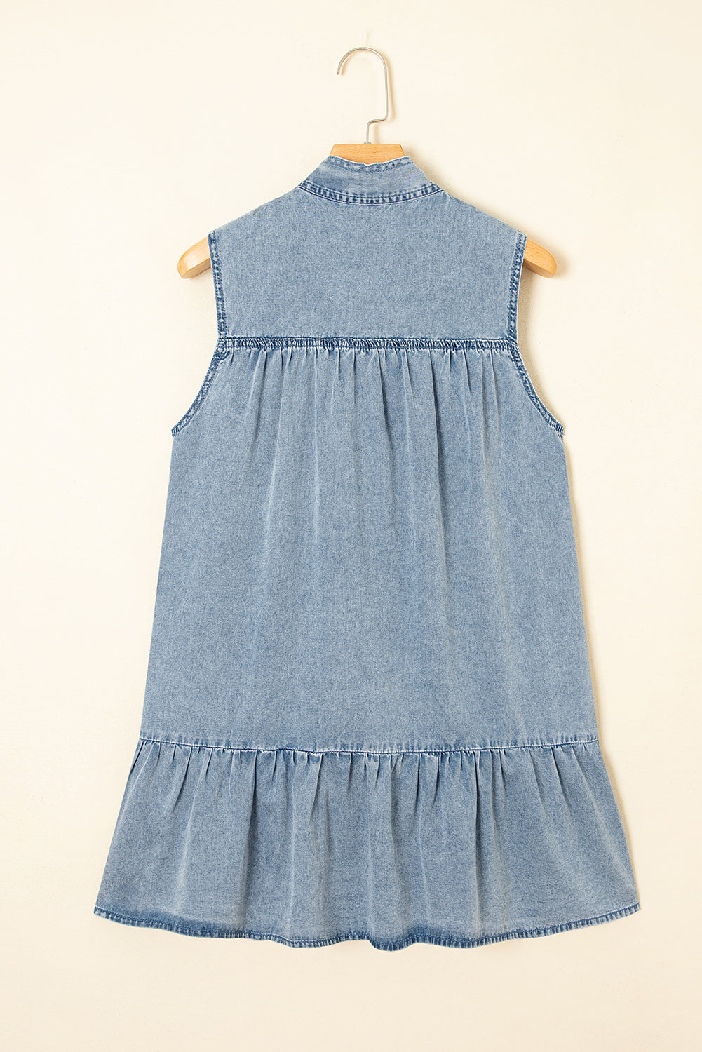Real Teal Bowknot Neck Sleeveless Ruffled Chambray Dress
