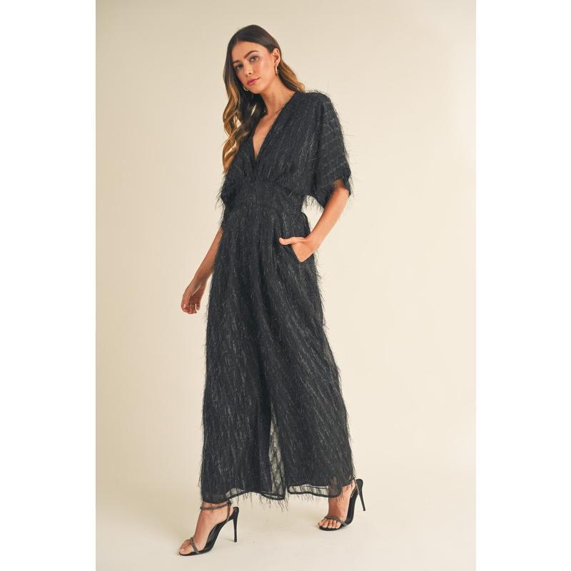 MABLE Fluffy Deep V Neck Wide Leg Jumpsuit