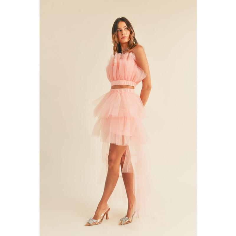 MABLE Tulle Tube Ruffle Crop Top and High Low Maxi Skirt Set