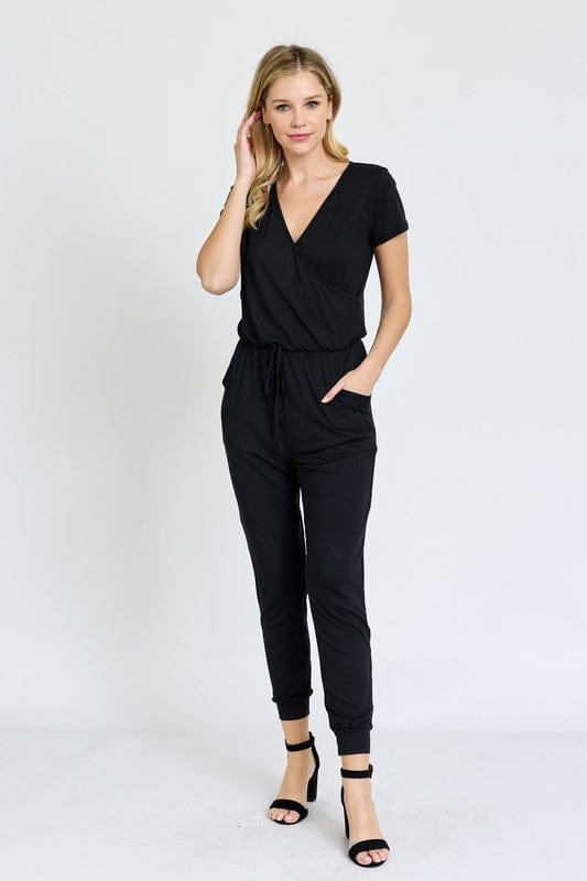 Short Sleeve Jogger Jumpsuit Casual EG fashion Black / 1X