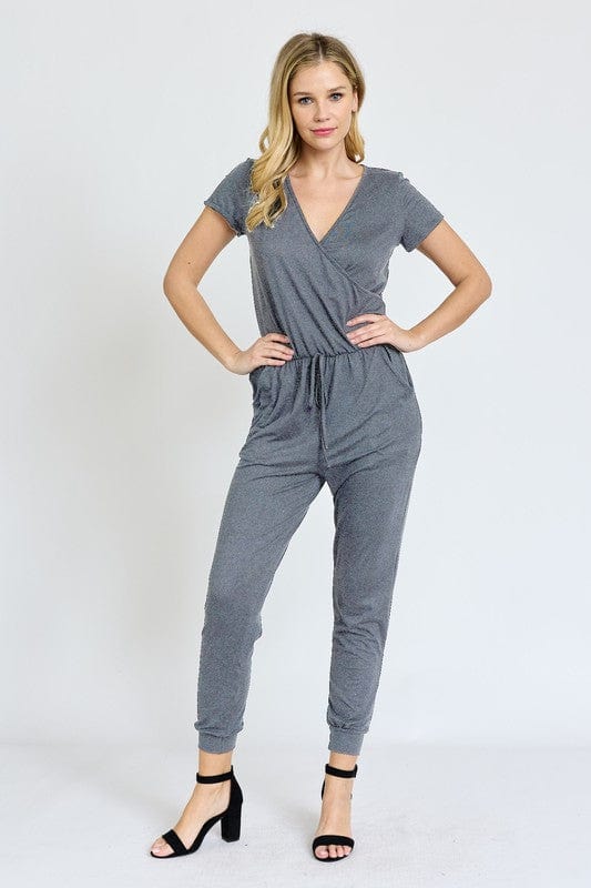 Short Sleeve Jogger Jumpsuit Casual EG fashion Melange Grey / 1X