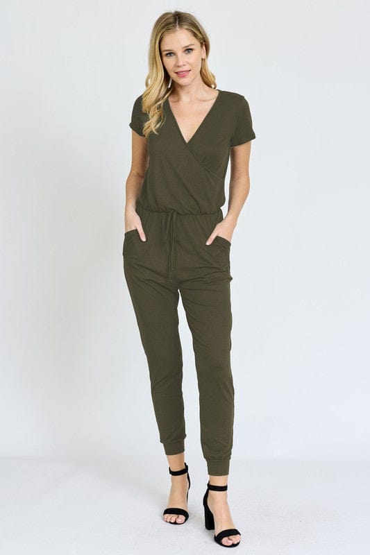 Short Sleeve Jogger Jumpsuit Casual EG fashion olive / 1X