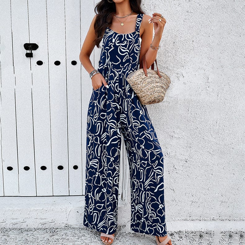 Fashion Print Square Neck Jumpsuit With Pockets Spring Summer Casual Loose Overalls Womens Clothing jumpsuit EG fashion Navy Blue / L